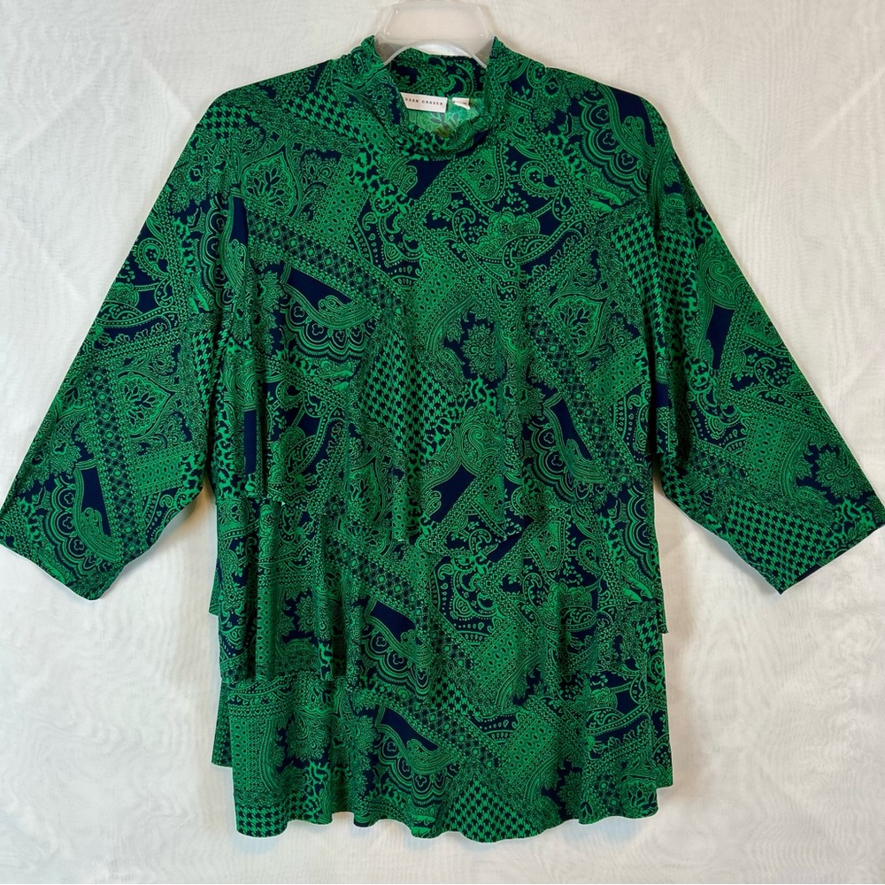 QVC Susan Graver Green and Navy Tiered Layers 3/4 Sleeve Tunic Top / 3XL